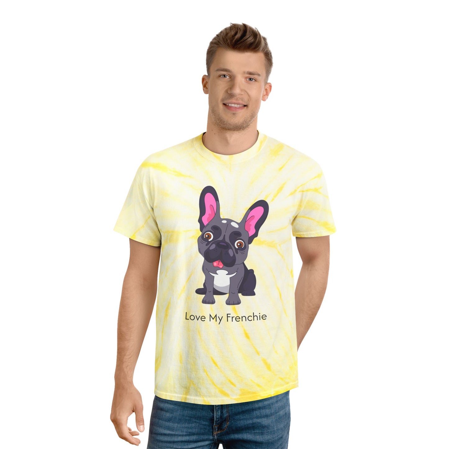 Love My Frenchie Tie-Dye Tee - Bright Yellow Cyclone Design for Dog Lovers