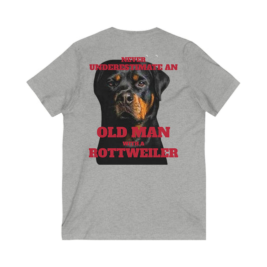 Rottweiler Tee: Never Underestimate old Man Gift, Pet Lover Shirt, Funny Dog Dad Tee, Unisex V-Neck, Birthday Gift